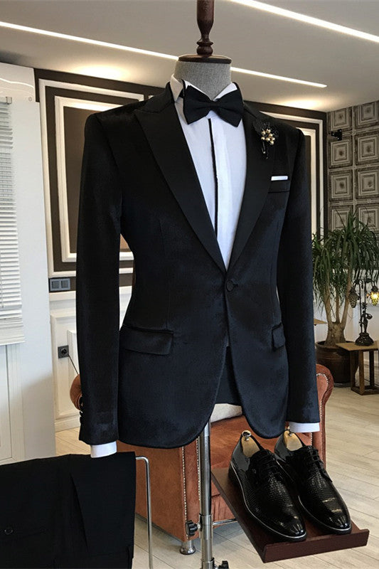 Ariel Black Velvet Men Suit - One Button Peaked Lapel Slim Fit-Wedding Suits-BallBride