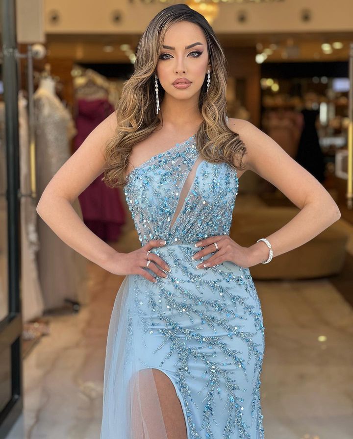 Attractive Baby Blue One Shoulder Sleeveless Tight Mermaid Prom Dress With Tulle-BallBride