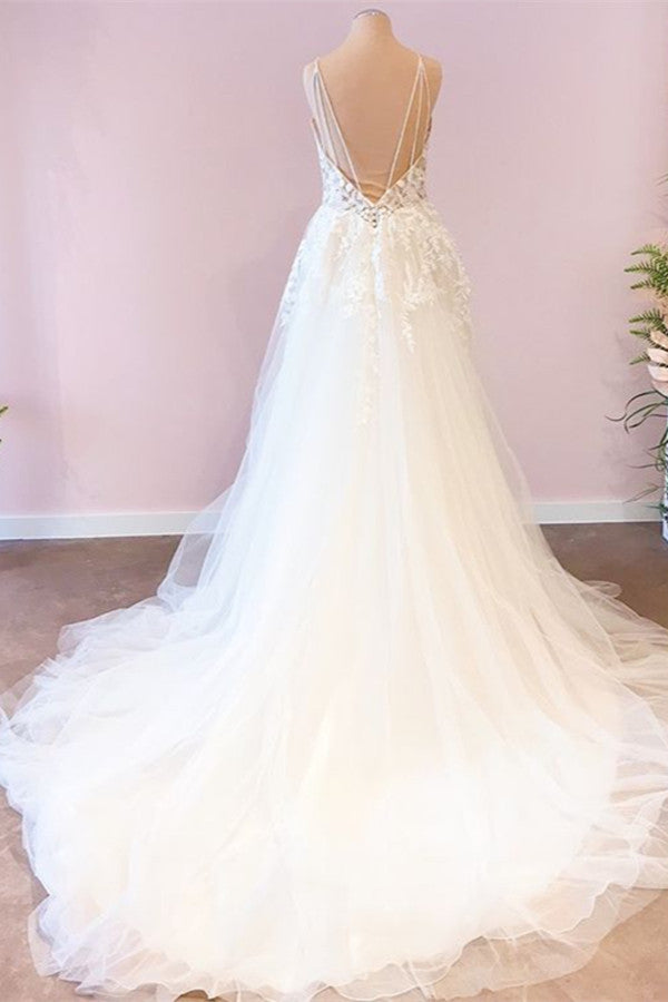 Attractive Sweetheart A-Line Tulle Wedding Dress with Spaghetti Straps-Wedding Dresses-BallBride