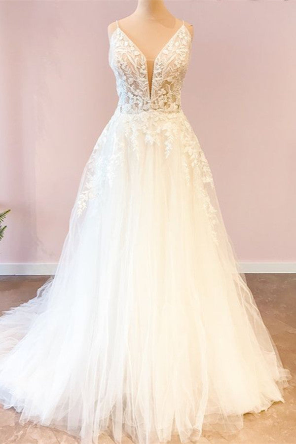 Attractive Sweetheart A-Line Tulle Wedding Dress with Spaghetti Straps-Wedding Dresses-BallBride