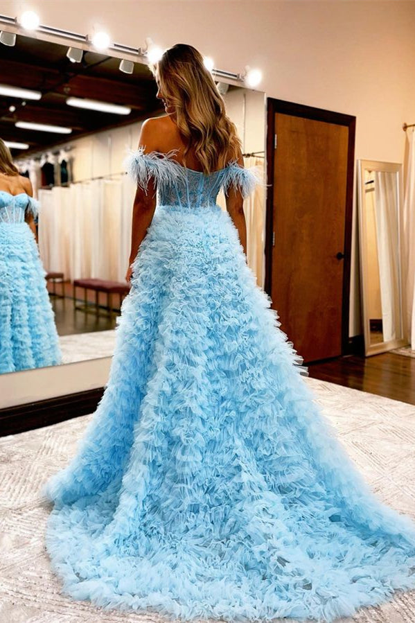 Baby Blue A Line Sweetheart Evening Dress with Feathers Online for Grad Party-Evening Dresses-BallBride