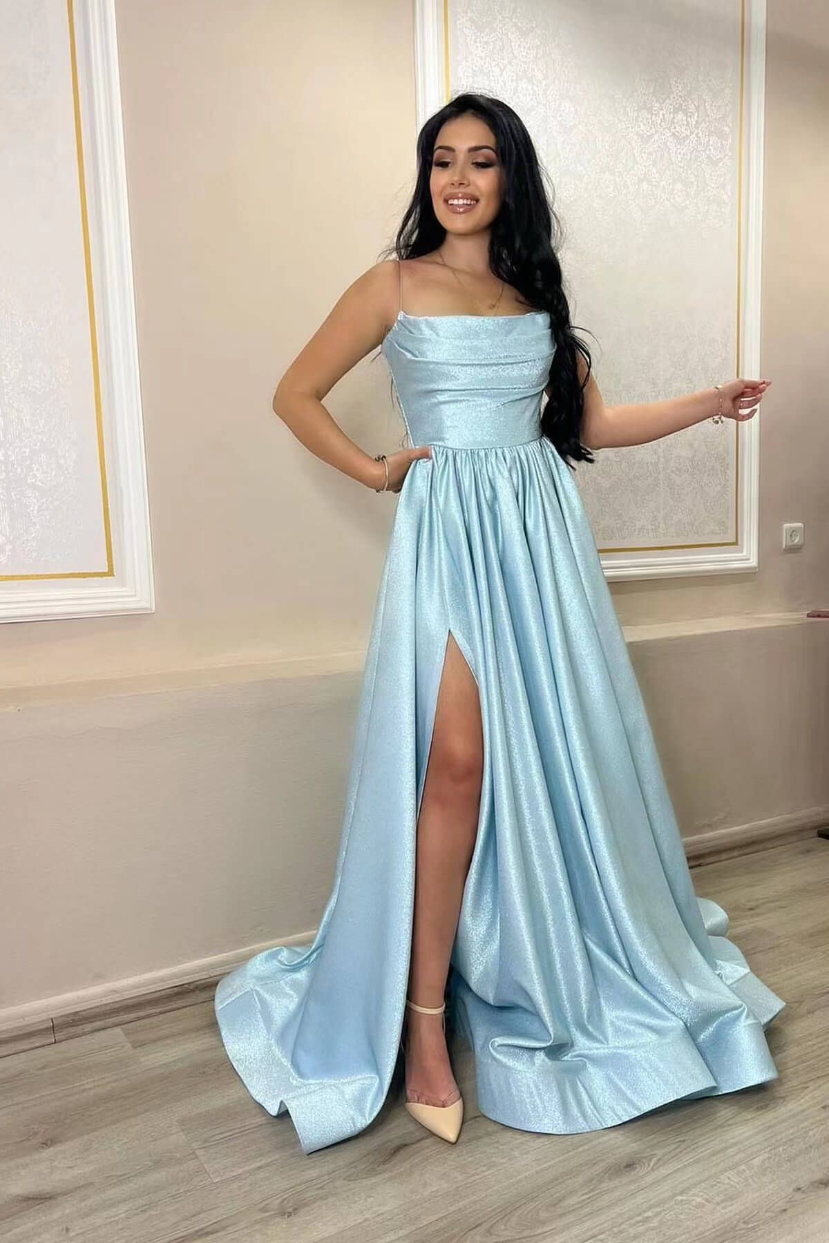 Baby Blue Charmeuse A Line Prom Dress with Spaghetti-Straps and Split-BallBride