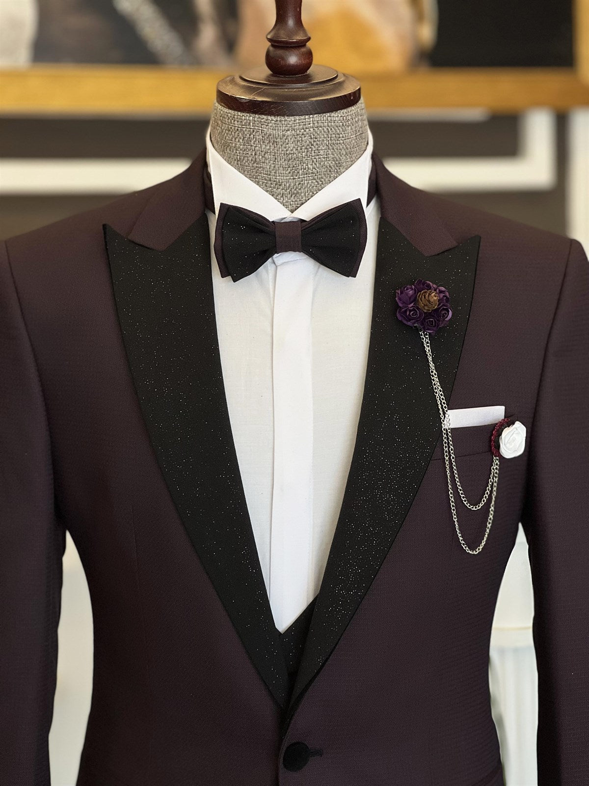 Baldwin Dark Purple 3-Piece Men's Suit w/ Sparkle Peaked Lapel-Wedding Suits-BallBride