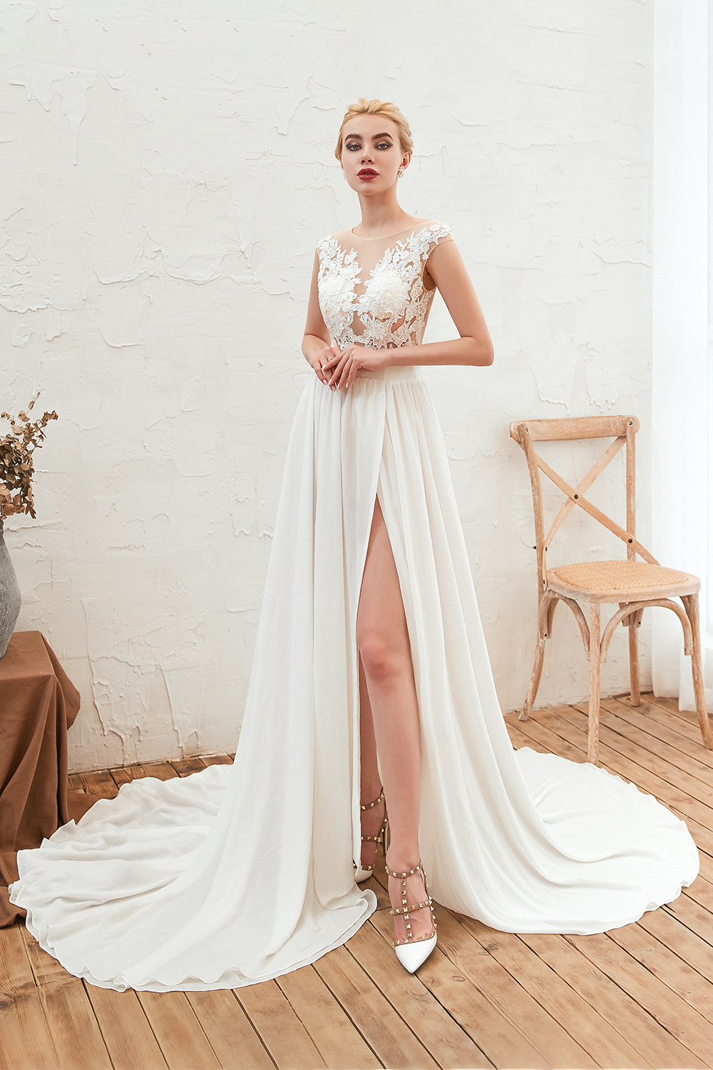 Bateau Appliques Lace A-line Chiffon Wedding Dress with Ruffles and Slit-Wedding Dresses-BallBride
