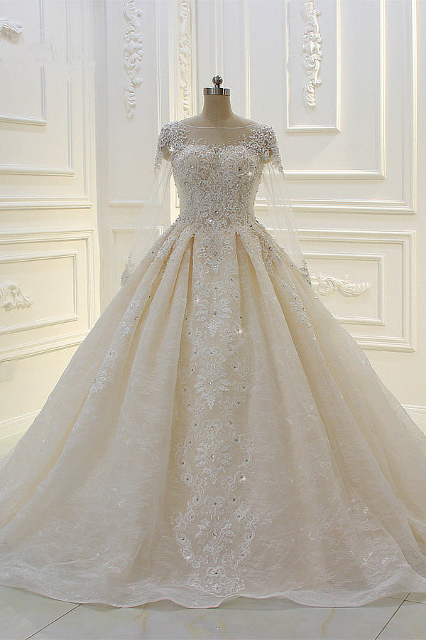 Bateau Long Sleeves Lace Appliques Ball Gown Wedding Dress-Wedding Dresses-BallBride