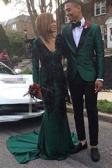Be Stylish in with Dark Green Prom Attire for Guys ¡§C Black Satin Lapel-Prom Suits-BallBride