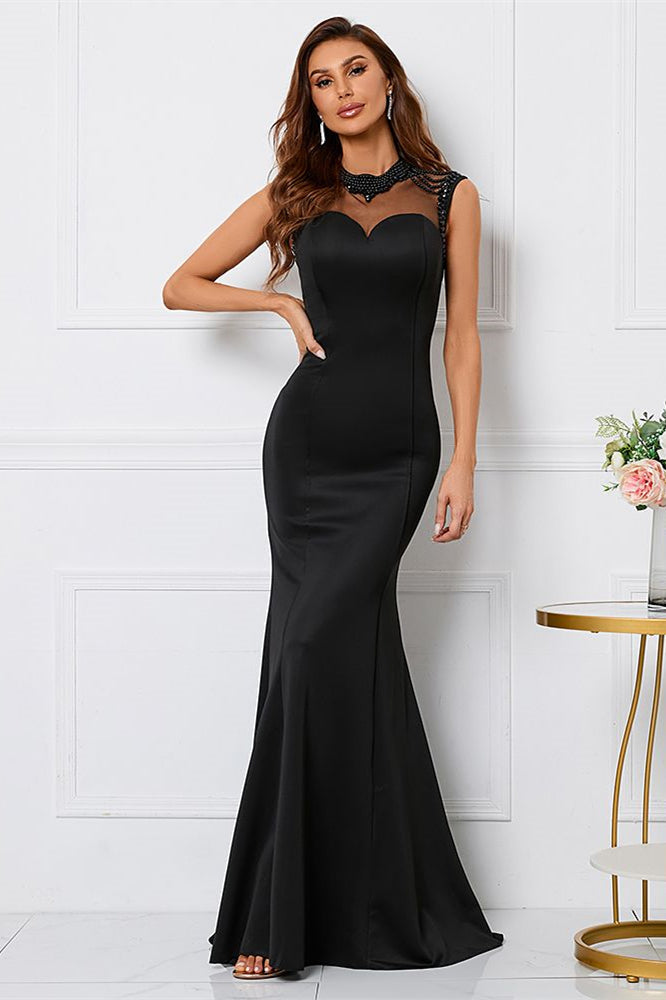 Beaded High Collar Mermaid Sleeveless Evening Dress - Black-Evening Dresses-BallBride