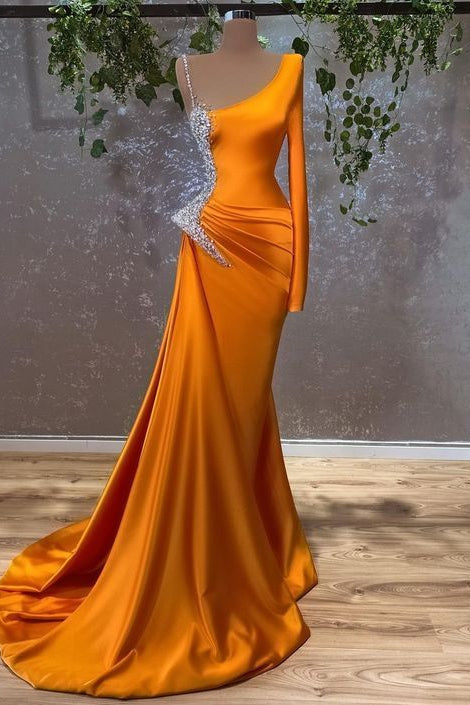 Beaded Long Sleeves Prom Dress in Burnt Orange Mermaid Style-Prom Dresses-BallBride