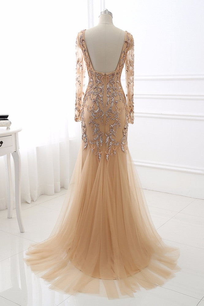 Beautiful Champagne V-Neck Evening Dress with Beadings and Rhinestones-Evening Dresses-BallBride