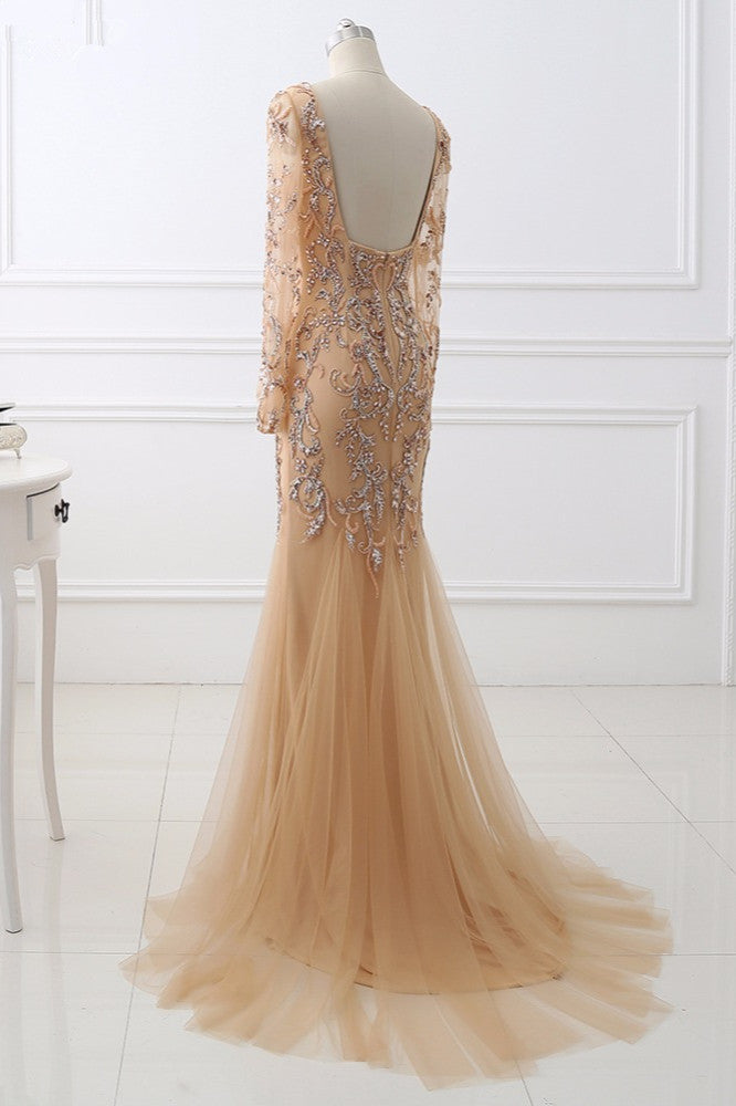 Beautiful Champagne V-Neck Evening Dress with Beadings and Rhinestones-Evening Dresses-BallBride