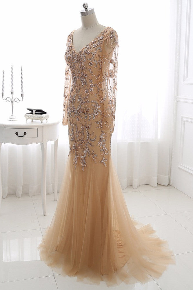 Beautiful Champagne V-Neck Evening Dress with Beadings and Rhinestones-Evening Dresses-BallBride