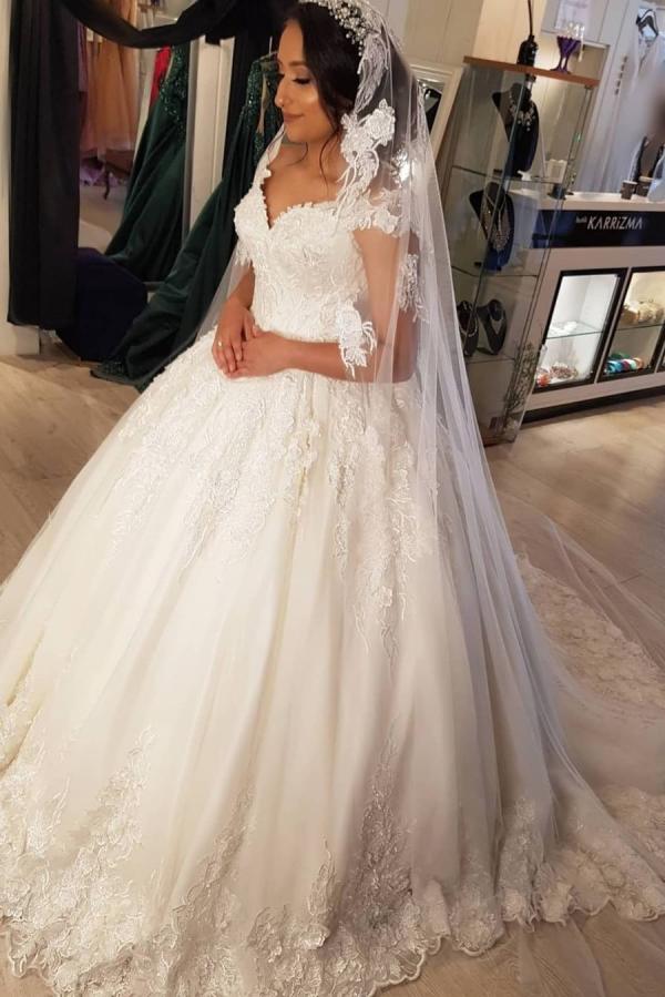 Beautiful Lace Off the Shoulder Princess Wedding Dress-Wedding Dresses-BallBride