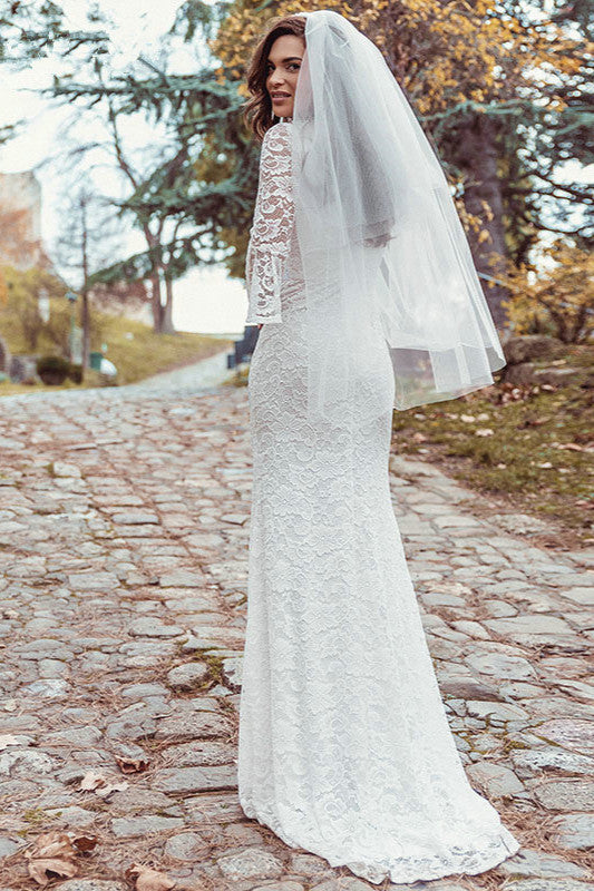 Beautiful Lace Wedding Dress With Split - Long Sleeve-Wedding Dresses-BallBride