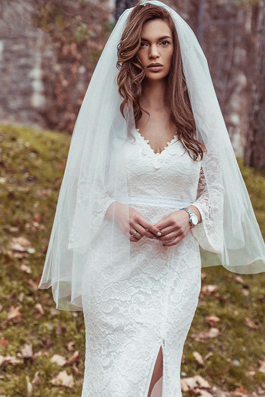 Beautiful Lace Wedding Dress With Split - Long Sleeve-Wedding Dresses-BallBride