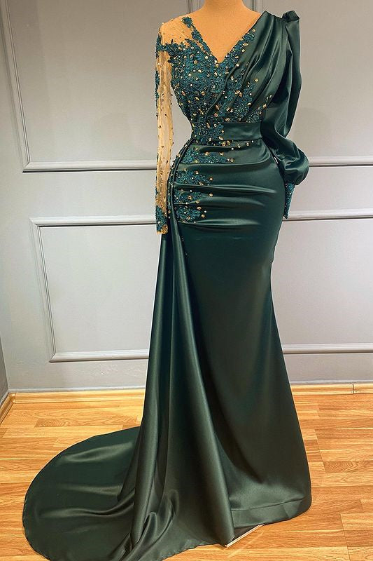 Beautiful Long Sleeves Evening Dress in Dark Green with Appliques-Occasion Dress-BallBride