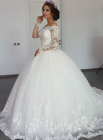 Beautiful Long Sleeves Off-the-Shoulder Ball Gown Wedding Dress with Appliques Lace-Wedding Dresses-BallBride