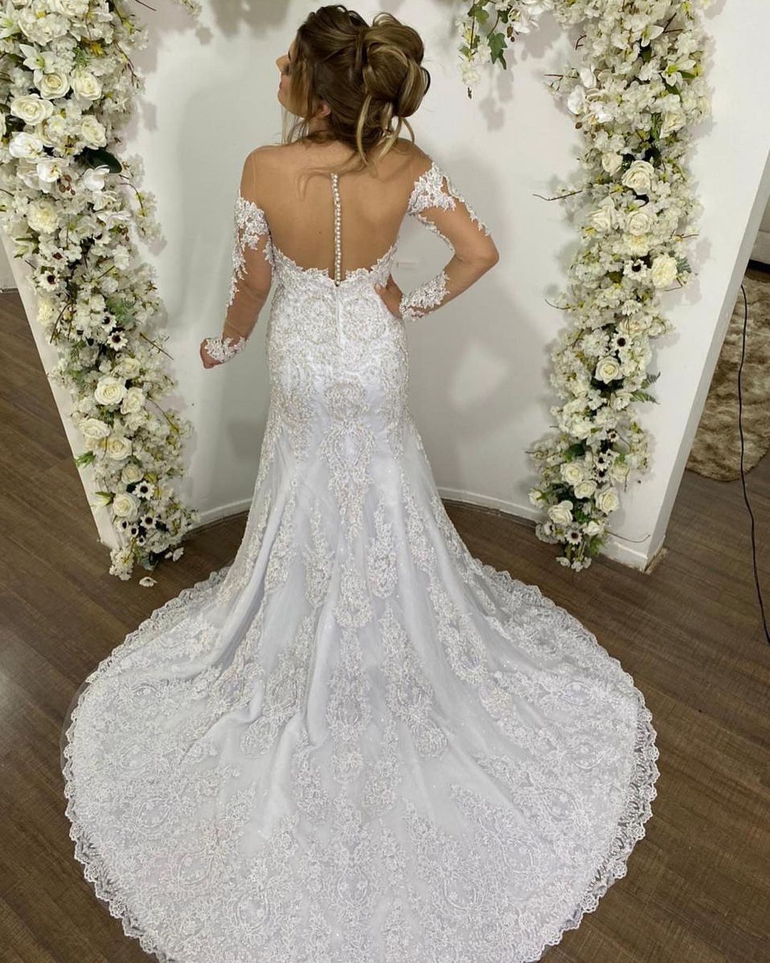 Beautiful Mermaid Lace Wedding Dress with Tulle Sleeves and Off-the-shoulder Design-Wedding Dresses-BallBride