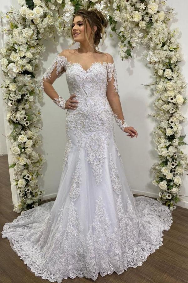 Beautiful Mermaid Lace Wedding Dress with Tulle Sleeves and Off-the-shoulder Design-Wedding Dresses-BallBride