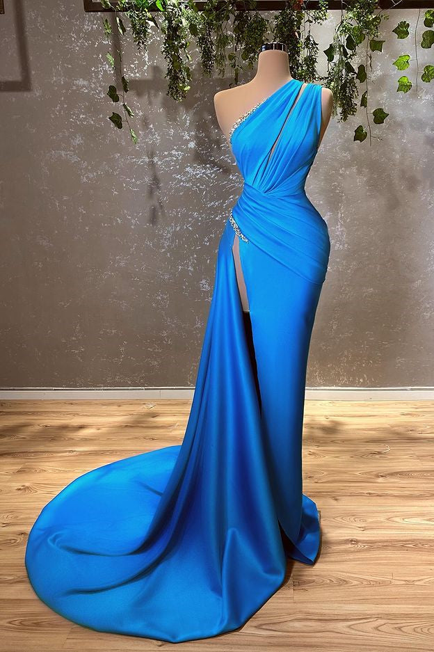 Beautiful Ocean Blue One Shoulder Prom Dress Mermaid with Split-Occasion Dress-BallBride