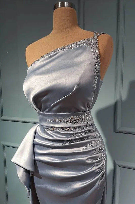 Beautiful One Shoulder Silver Mermaid Evening Dress Long With Beads-BallBride