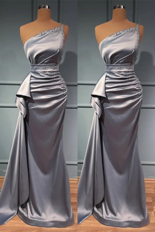 Beautiful One Shoulder Silver Mermaid Evening Dress Long With Beads-BallBride