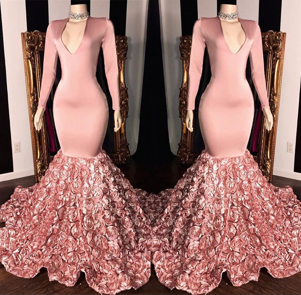 Beautiful Pink Mermaid V-Neck Long Sleeves Prom Dress With Flowers Bottom-BallBride