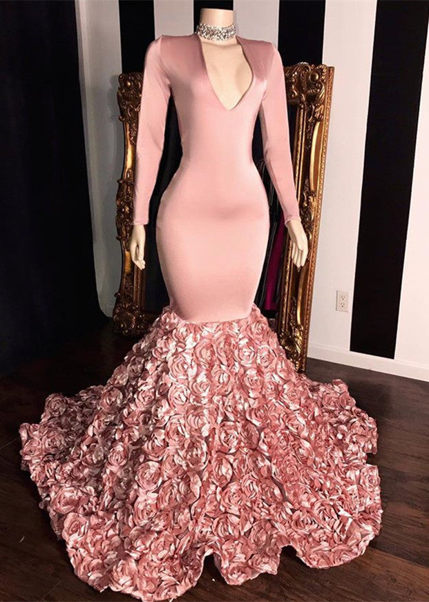 Beautiful Pink Mermaid V-Neck Long Sleeves Prom Dress With Flowers Bottom-BallBride