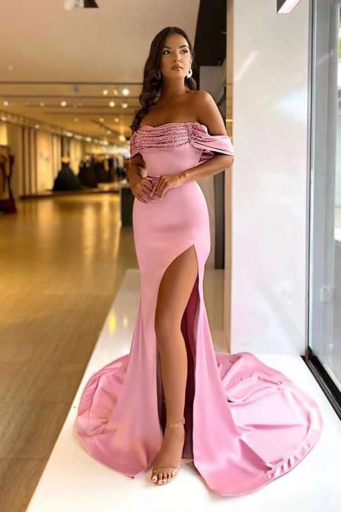 Beautiful Pink Purple Off-The-Shoulder Mermaid Prom Dress With Long Beads and Split-BallBride