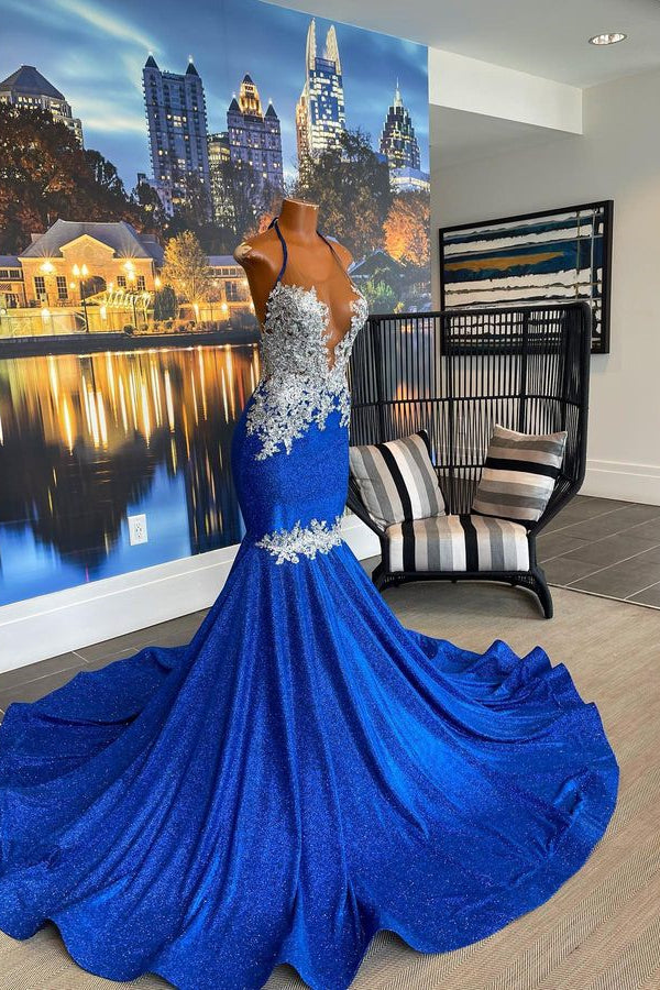 Beautiful Royal Blue Mermaid Prom Dress With Appliques by Halter-BallBride
