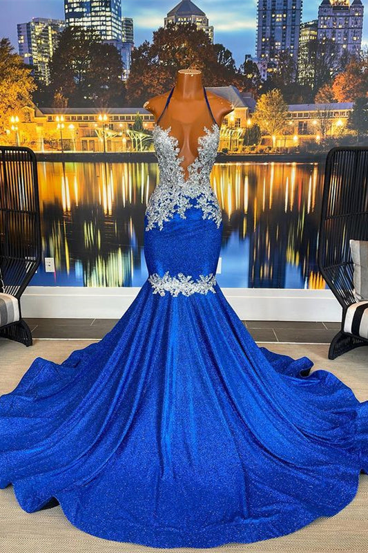 Beautiful Royal Blue Mermaid Prom Dress With Appliques by Halter-BallBride