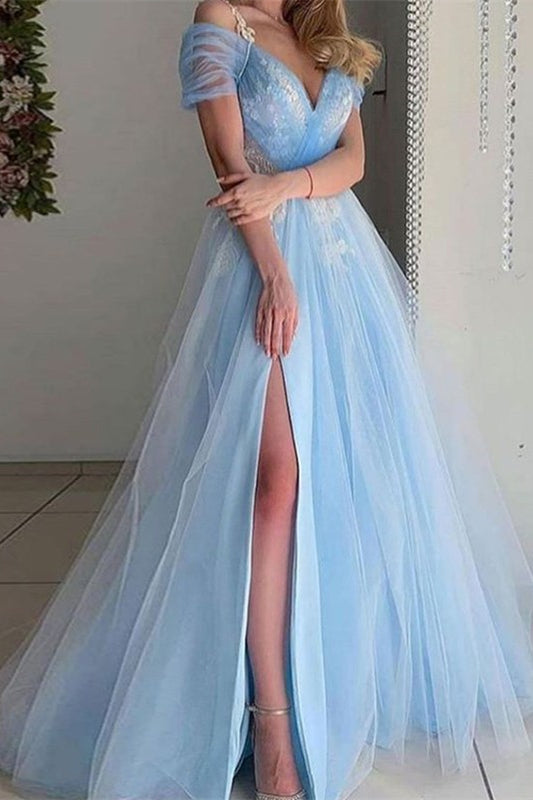 Beautiful Sky Blue Short Sleeves Prom Dress with Long Tulle and Split-Occasion Dress-BallBride