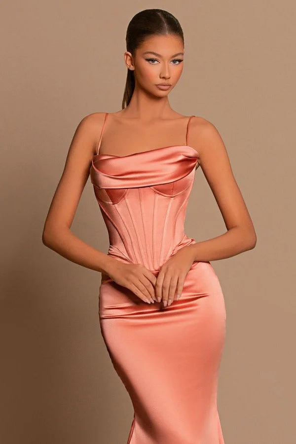 Beautiful Spaghetti-Straps Coral Evening Dress Mermaid Sleeveless Strapless-BallBride