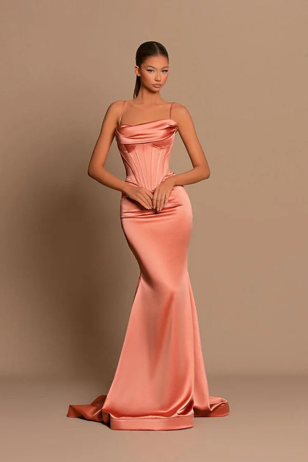 Beautiful Spaghetti-Straps Coral Evening Dress Mermaid Sleeveless Strapless-BallBride