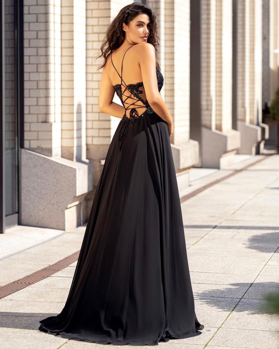 Beautiful Spaghetti-Straps V-Neck Prom Dress with Slit and Appliques-Occasion Dress-BallBride