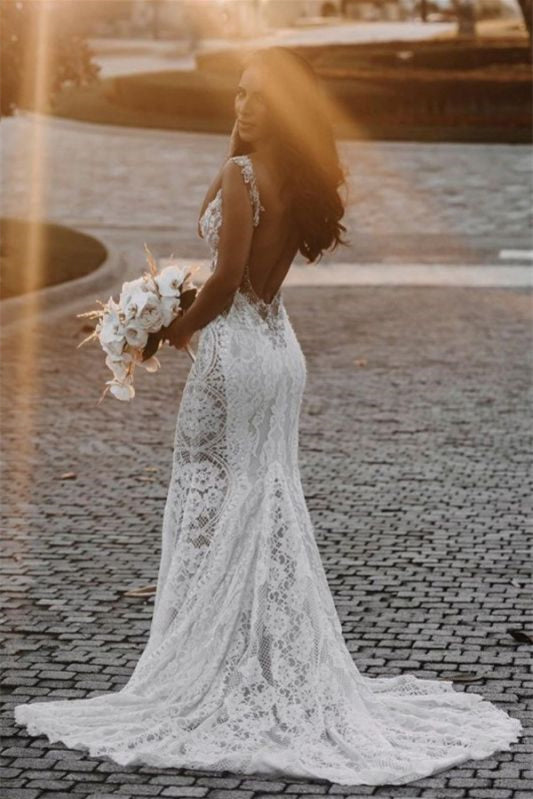 Beautiful Straps Sleeveless Lace Wedding Dress Mermaid with Beadings-Wedding Dresses-BallBride
