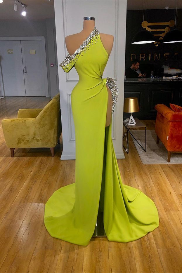 Beautiful Yellow Green Mermaid Evening Dress with Slit and Beads-Occasion Dress-BallBride