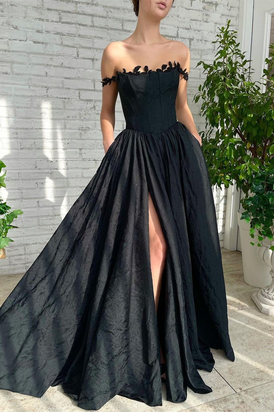 Black A Line Off-The-Shoulder Evening Dress with Sleeveless Lace Side Split-Evening Dresses-BallBride