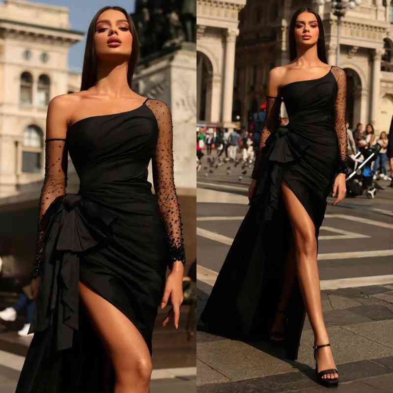 Black Long Sleeves Mermaid Prom Dress with Beads and High Split-Occasion Dress-BallBride