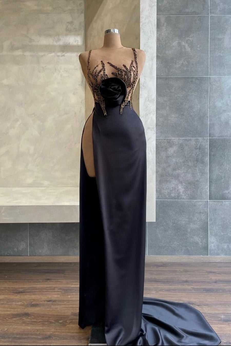 Black Mermaid Evening Dress with Slit & Beadings Sequins Spaghetti-Strap-BallBride