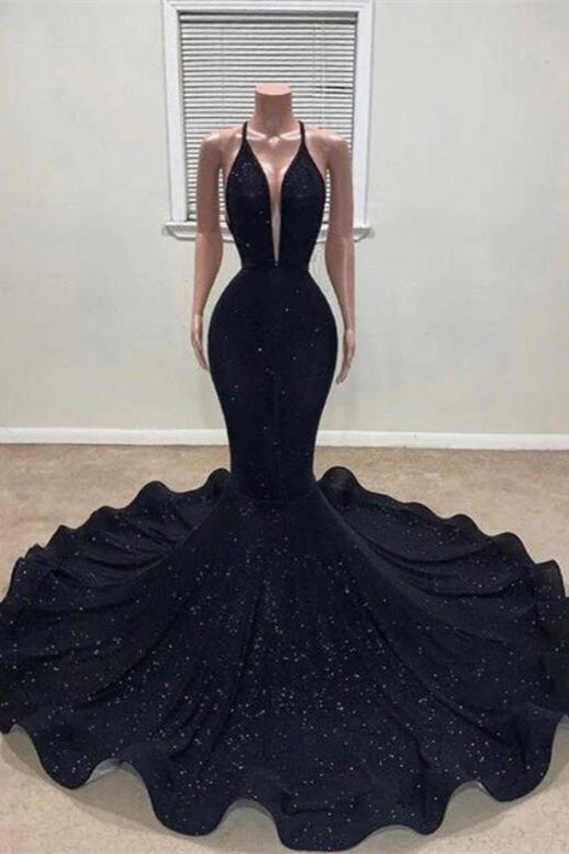 Black Mermaid Halter Prom Dress with Sequins-BallBride