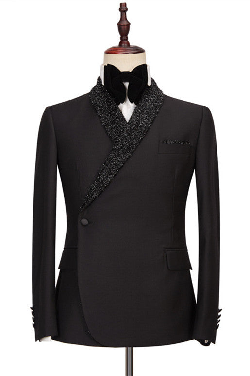 Black One Button Wedding Suits with Sparkly Shawl Lapel - Colby-Wedding Suits-BallBride