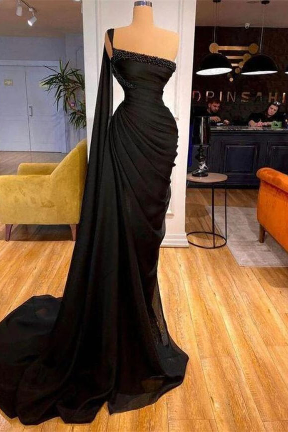 Black One-Shoulder Mermaid Prom Dress with Beads-BallBride