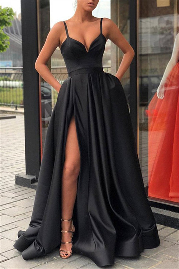 Black Slit Prom Dress with Spaghetti-Straps-BallBride