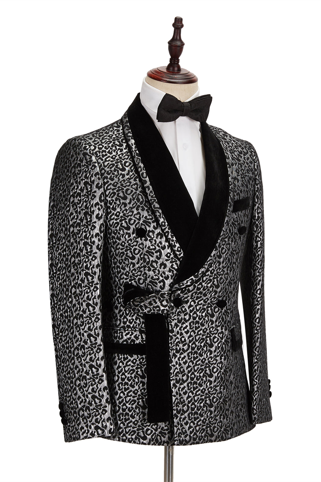 Black Stitching Silver Leopard Jacquard Men's Suit | Formal Shawl Lapel Double Breasted Wedding Suit with Shirt-Wedding Suits-BallBride