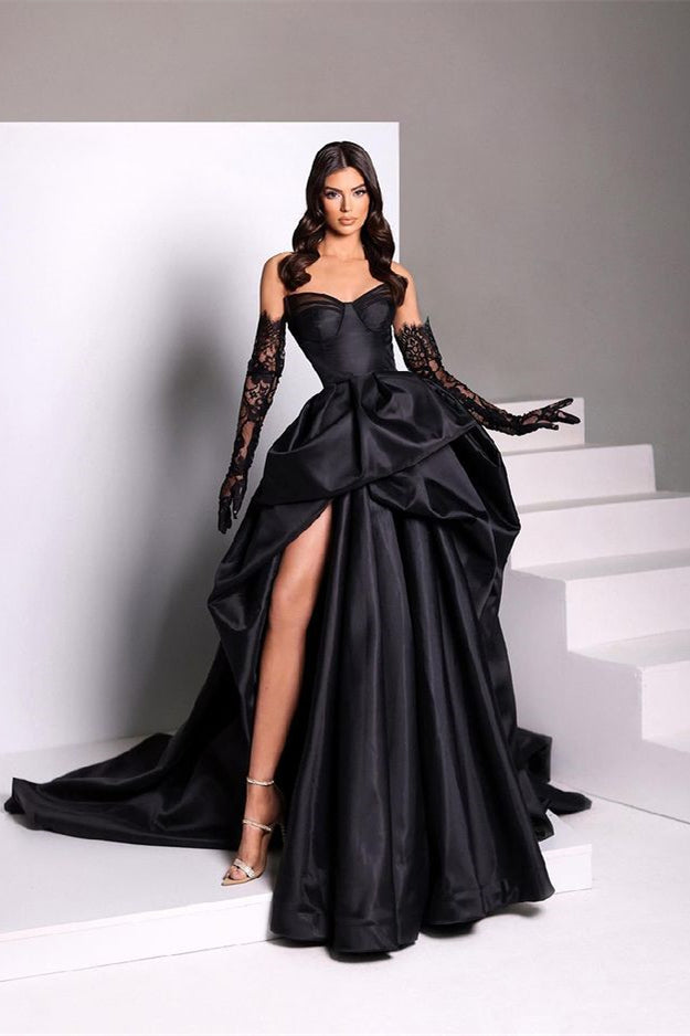 Black Sweetheart Slit Taffeta Prom Dress With Long Lace Gloves-BallBride