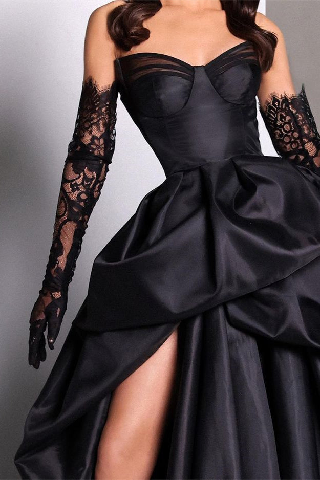 Black Sweetheart Slit Taffeta Prom Dress With Long Lace Gloves-BallBride