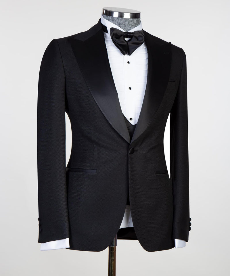 Black Three Pieces Suits With Satin Peaked Lapel - Edmund Hot Sale-Wedding Suits-BallBride