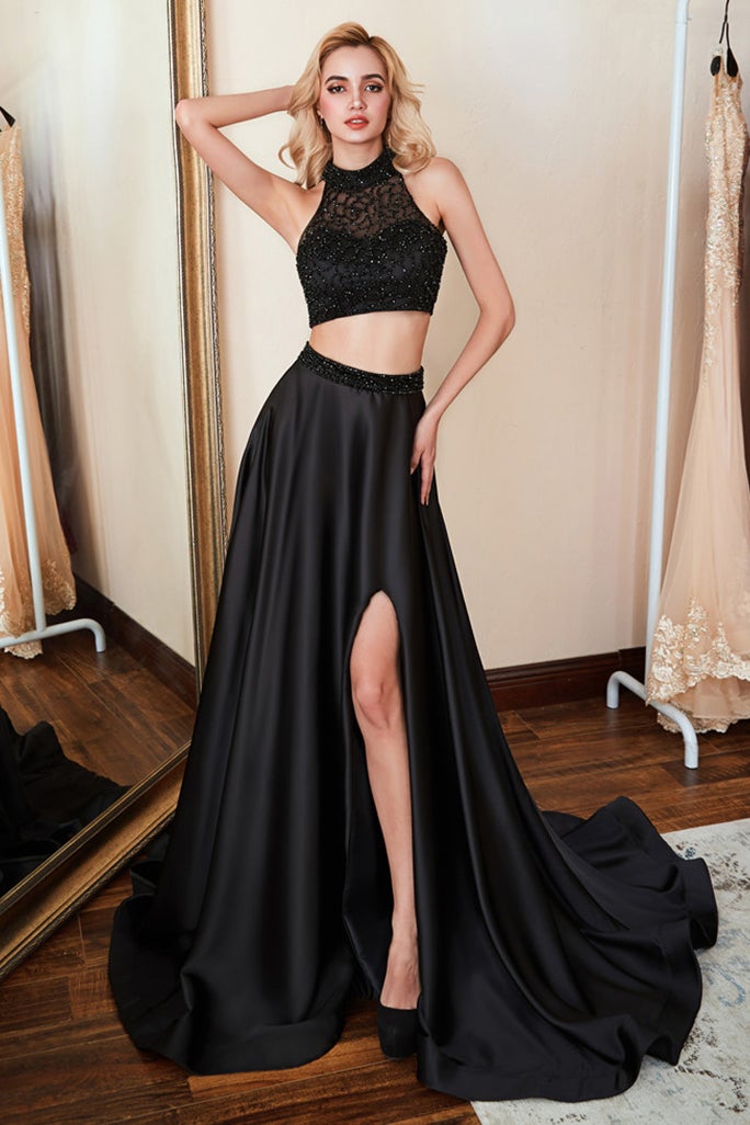 Black Two Pieces Prom Dress With Beadings-BallBride