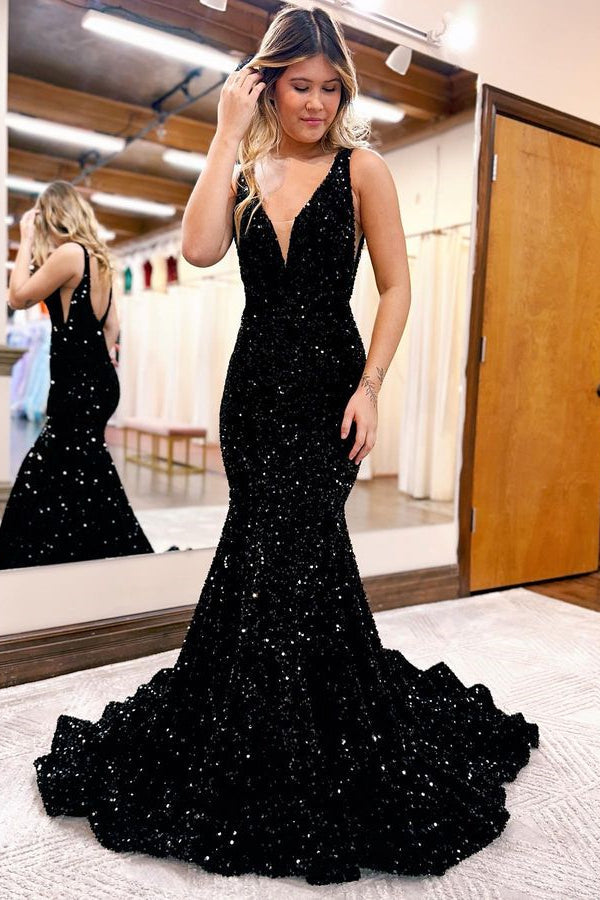 Black V-Neck Sequined Mermaid Evening Dress For Party Online-Evening Dresses-BallBride