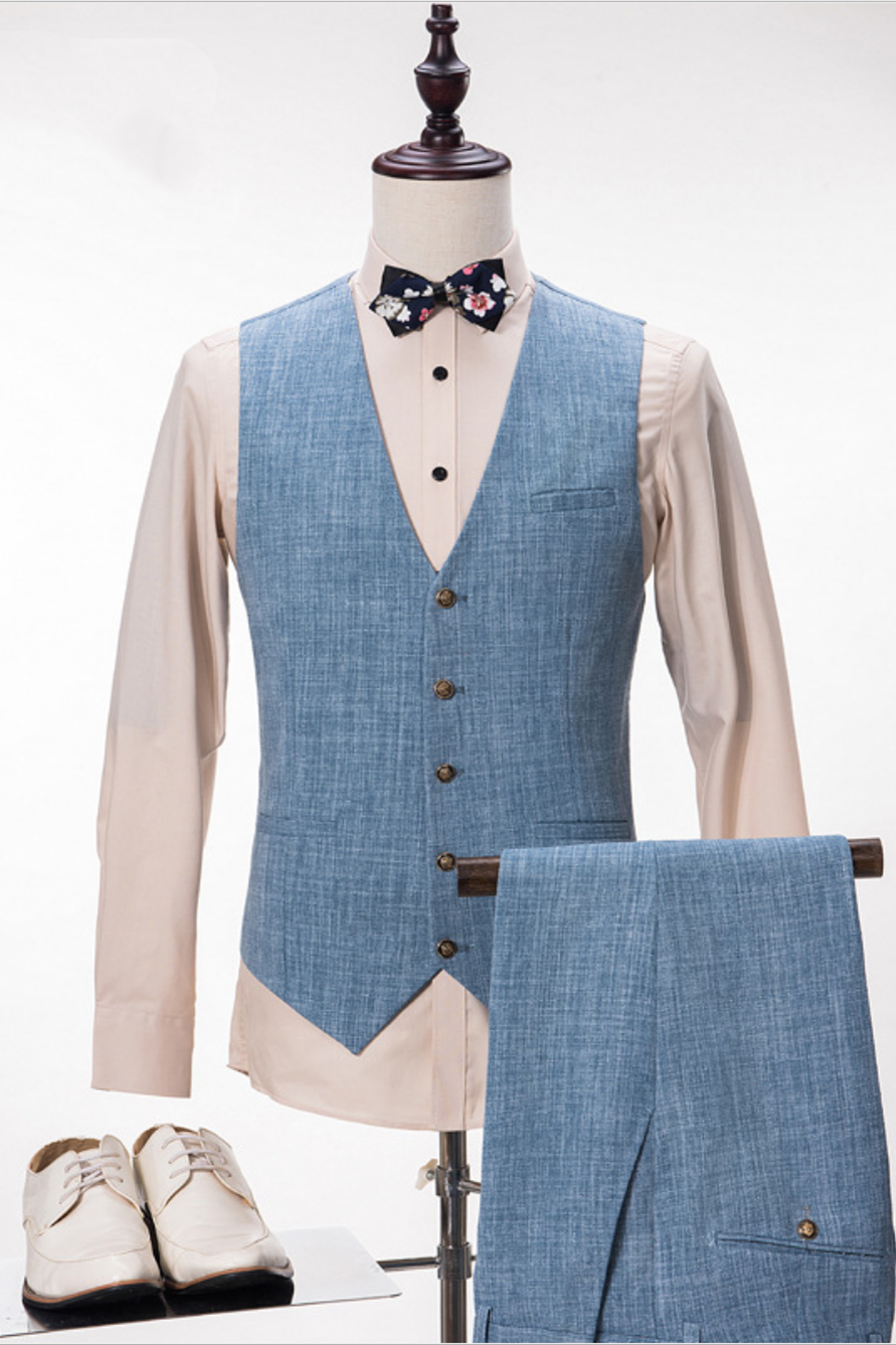 Blue Linen Suit for Weddings and Proms: Peak Lapel Groom and Groomsmen Suits-Wedding Suits-BallBride